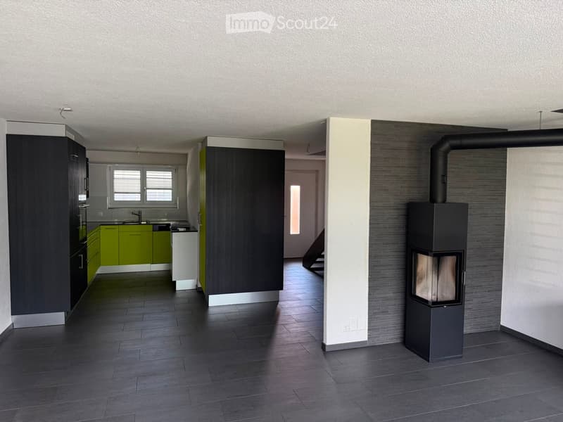 Modern open-plan space with a kitchen area featuring green cabinets, a sink, and a stove, connected to a living area with a fireplace and dark wooden flooring.