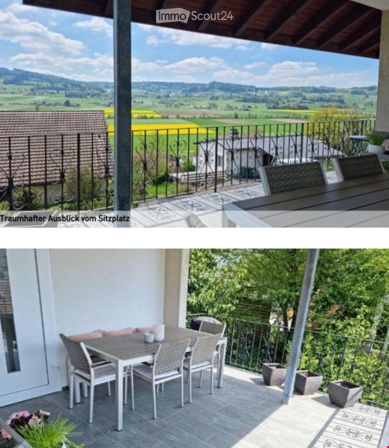 Two images of balconies with scenic countryside views, featuring outdoor furniture and railings.