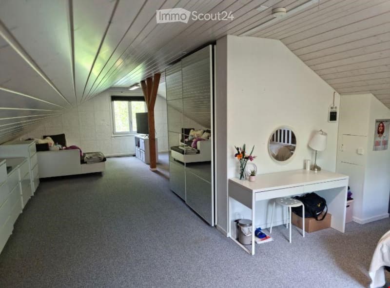 Cozy attic bedroom with slanted wooden ceiling, white walls, grey carpet, and modern furniture including a sofa, mirror, desk, and wardrobe.