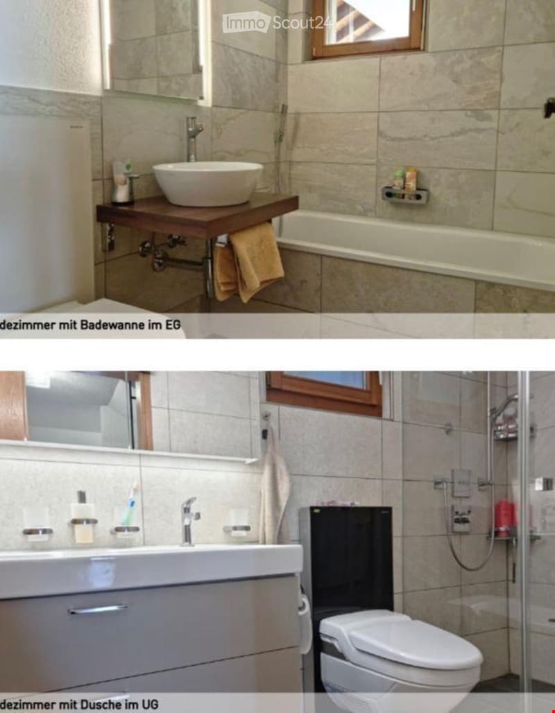 Two bathrooms shown: one with a sink, bathtub, and mirror, and another with a sink, toilet, and shower. Both have modern fixtures and tiled walls.