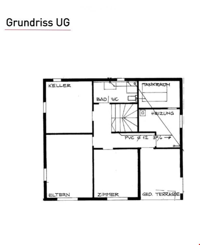 Floor plan of a basement level showing rooms labeled Keller, Bad, WC, Heizung, Zimmer, Eltern, Ged. Terrasse, and Tankraum.