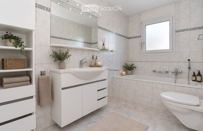 Modern bathroom with a white sink, bathtub, toilet, and shelves holding towels, plants, and candles. The walls are tiled in light beige with decorative borders, and there is a large mirror above the sink.