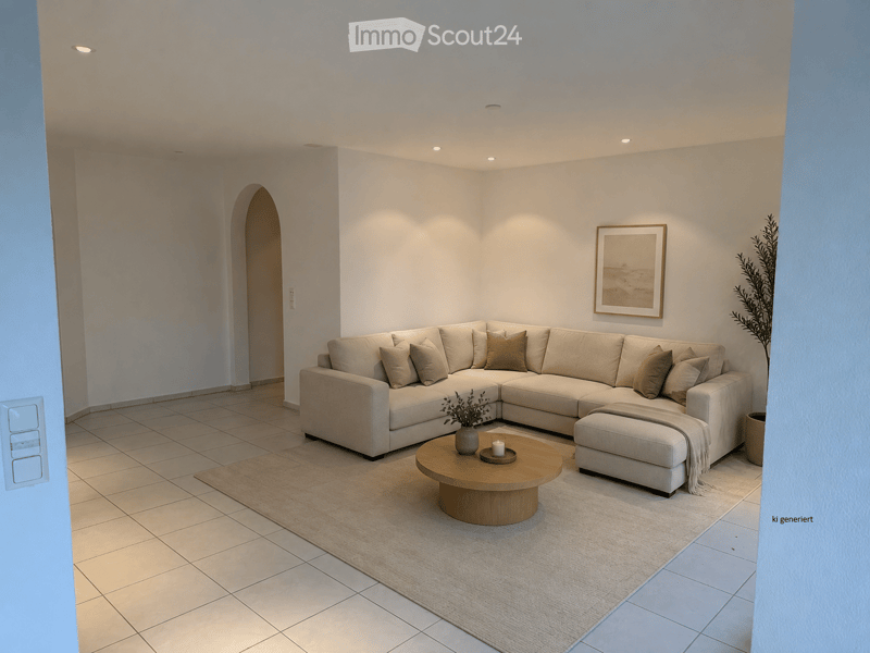 Modern living room with a large L-shaped sofa, coffee table, ottoman, and decorative plants.