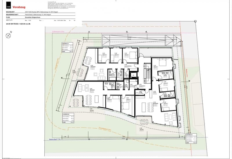 Floor plan of a residential building showing multiple rooms, including living areas, bedrooms, bathrooms, and a kitchen, with labeled dimensions and room types.