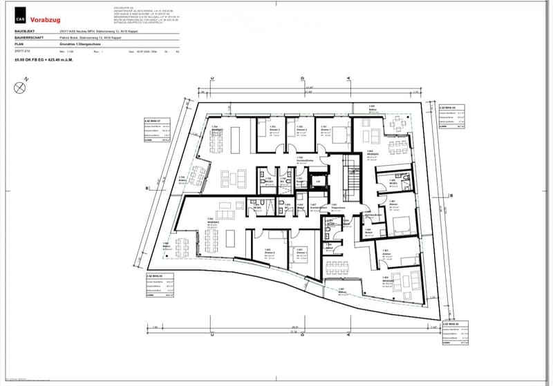 Ground floor plan of a commercial building, showing multiple rooms, corridors, and designated areas including offices, storage, and service spaces.