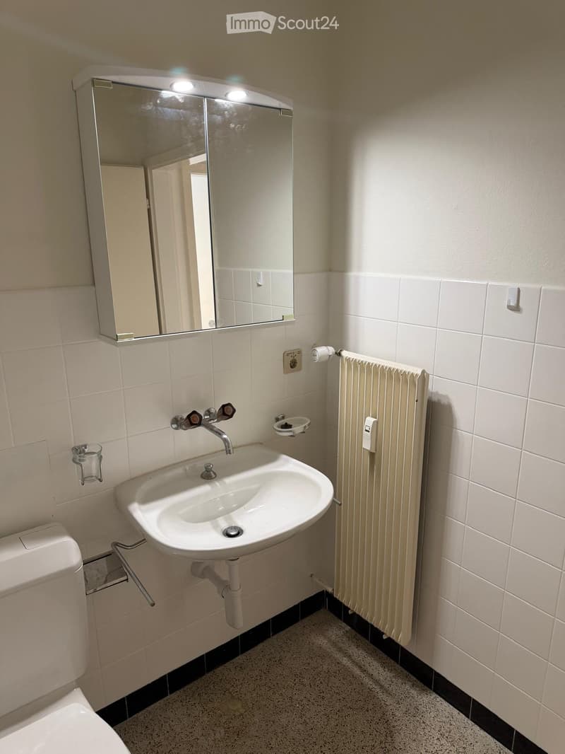 A small bathroom with a white sink, mirror, radiator, and toilet. The walls are tiled in white with a black baseboard, and the floor is covered with a light-colored carpet.