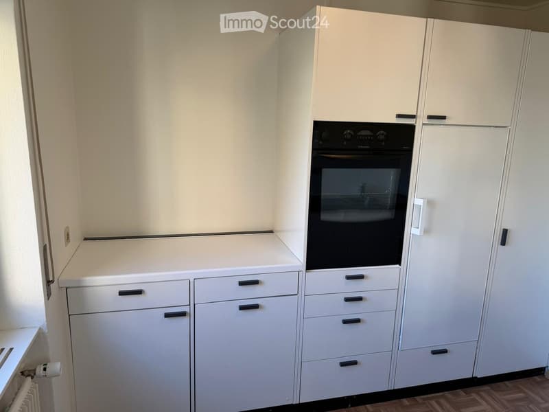 Modern kitchen with white cabinets, an integrated oven, and a countertop.