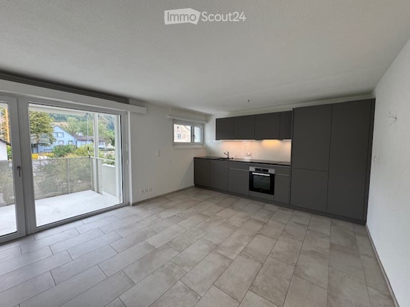 Modern kitchen with dark grey cabinets, a sink, and an oven. Large sliding glass door leads to a balcony with outdoor view.