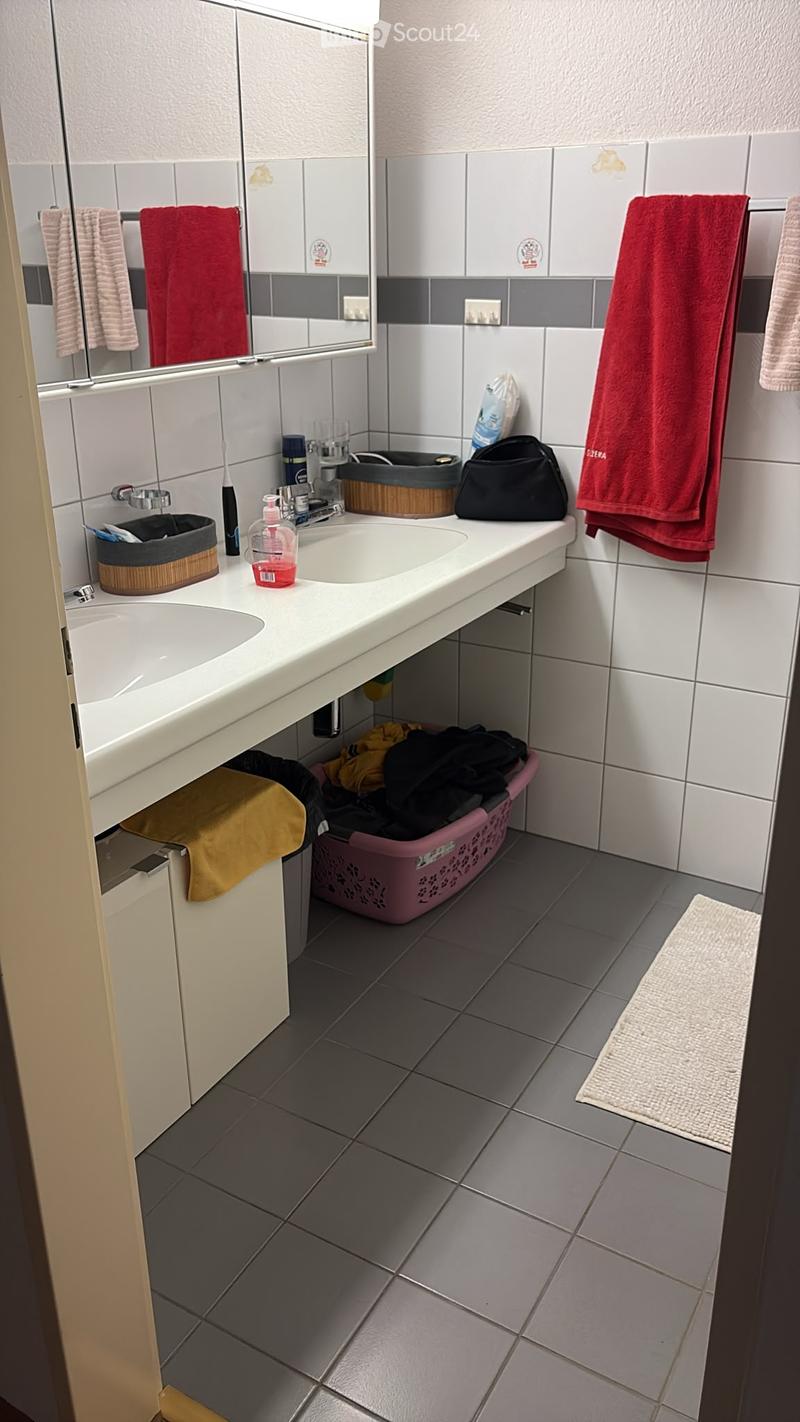 Modern bathroom with white sink, mirror, towels, and personal items on the counter.