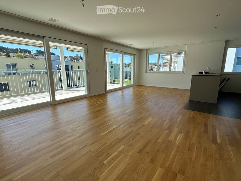 Open floor plan, large windows, balcony, hardwood floors, modern style, large open living space, kitchen island with sink and faucet