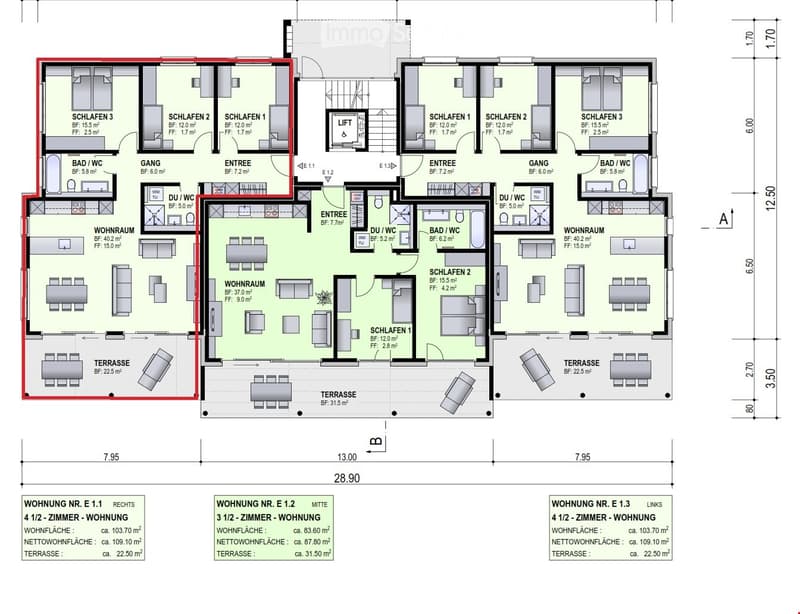 Floor plan showing three apartments with designated living rooms, bedrooms, bathrooms, and kitchen areas. A lift is located centrally. Each apartment has a separate entrance, balcony, and terrace. The living areas are marked with distinct bedroom, bathroo