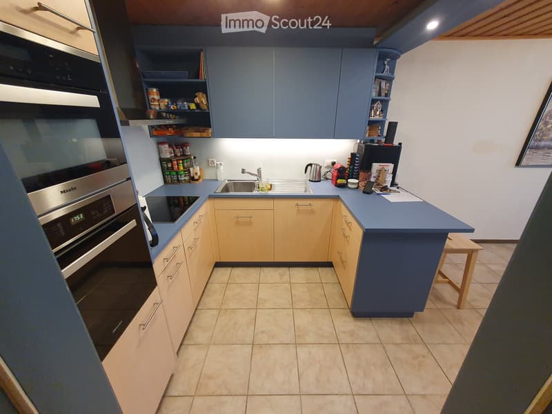 Modern kitchen with blue and beige cabinets, stainless steel oven, sink, and various appliances on the counter.