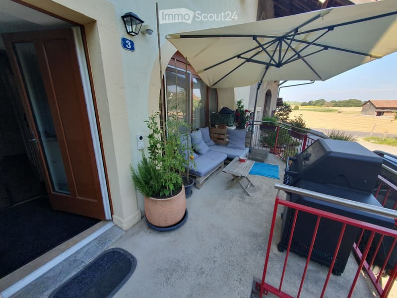 Balcony with a large umbrella, sofa, small table, potted plants, and a grill, overlooking a rural landscape.