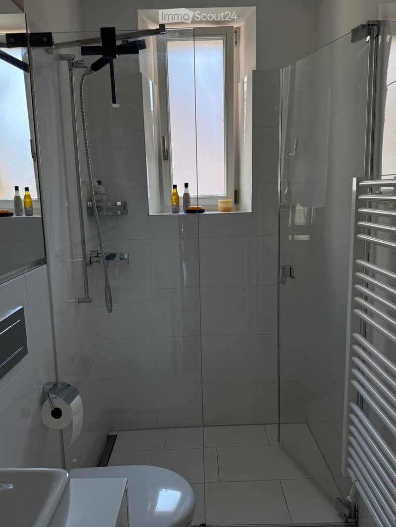 Modern bathroom with a shower, toilet, sink, radiator, and toiletries on the windowsill.
