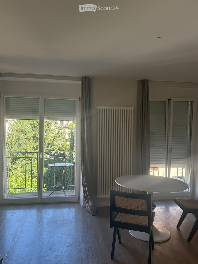 Bright, modern room with wooden flooring, large windows, and a balcony with outdoor furniture.