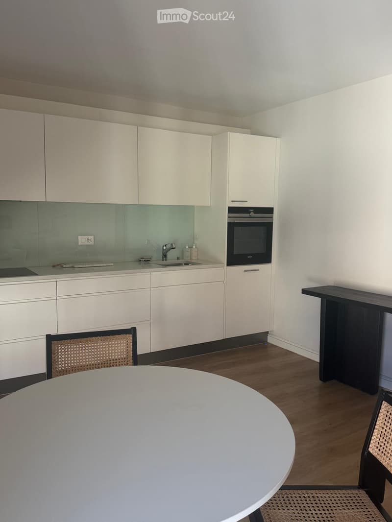 Modern kitchen with white cabinets, a built-in oven, a sink with a faucet, a round dining table, and a wicker chair.