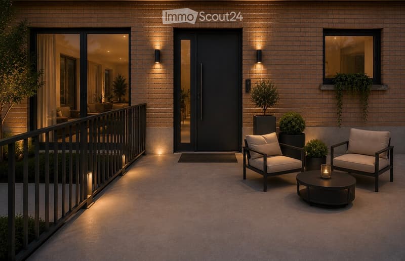 Balcony with modern furniture, including two chairs, a round table, and a candle, surrounded by potted plants and illuminated by wall-mounted lights.