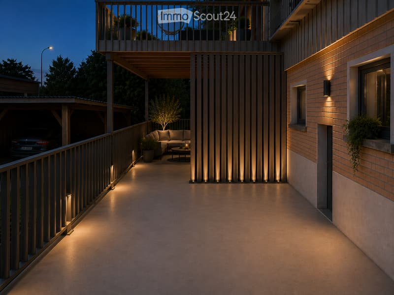 Modern balcony with wooden decking, built-in seating area, and ambient lighting. Features a sofa, coffee table, and decorative plants.