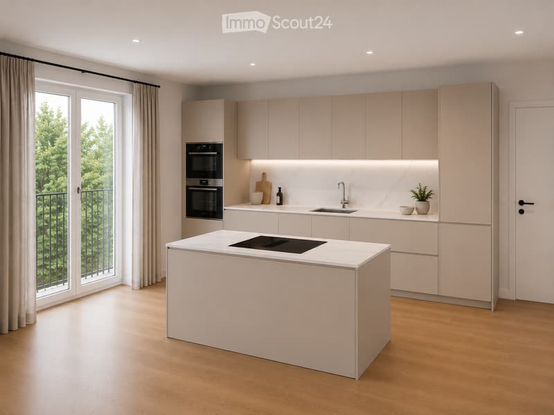 Modern kitchen with light-colored cabinets, a central island with an induction cooktop, built-in oven, and a sink. Features a large window with a view of greenery and a balcony.
