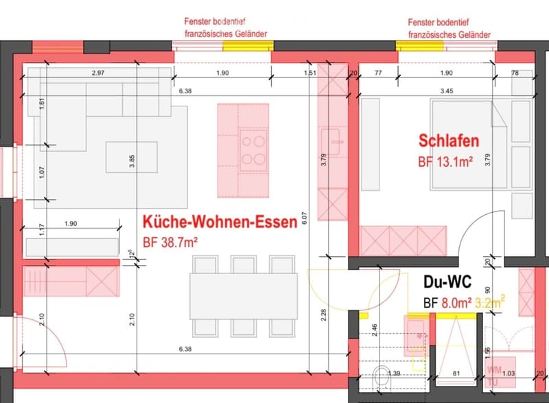 Floor plan showing a kitchen-dining-living area, bedroom, and bathroom with labeled dimensions and floor levels.