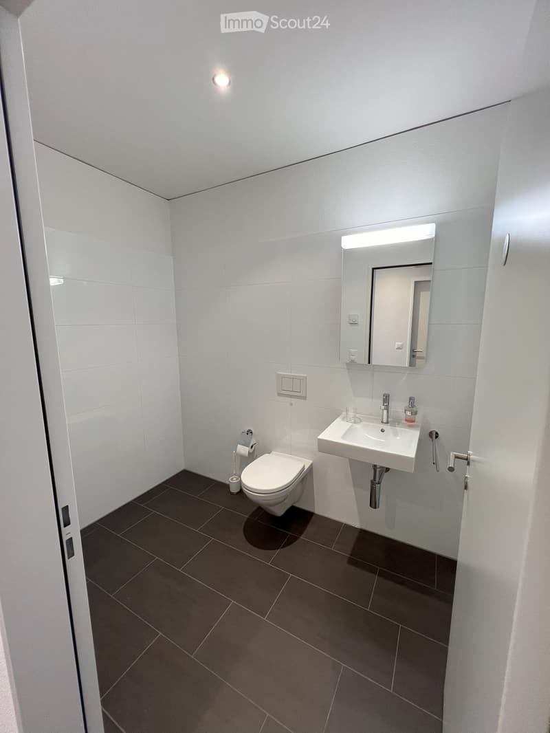 Modern bathroom with white tiles, dark brown tiled floor, toilet, sink, and illuminated mirror.
