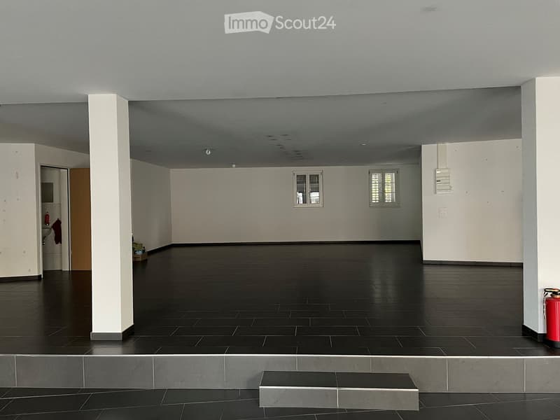 Empty room with dark tiled floor, white walls, and two windows. Features a small step leading up to the main area and a red fire extinguisher near the wall.