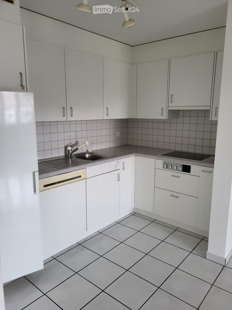 Modern kitchen with white cabinets, tiled walls, and grey countertops. Features a sink, oven, and dishwasher.