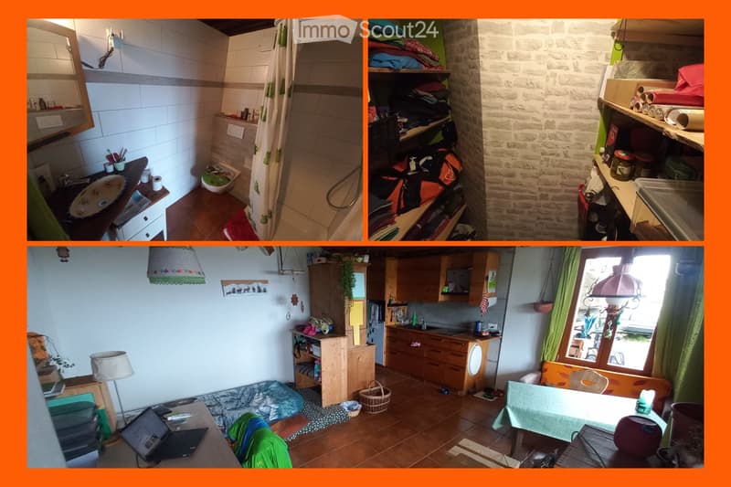 The image shows a collage of four different rooms: a bathroom with a toilet, sink, and mirror; a storage area with shelves and folded clothes; a kitchen with cabinets, sink, and various items; and a living area with a laptop, table, chair, and other furni