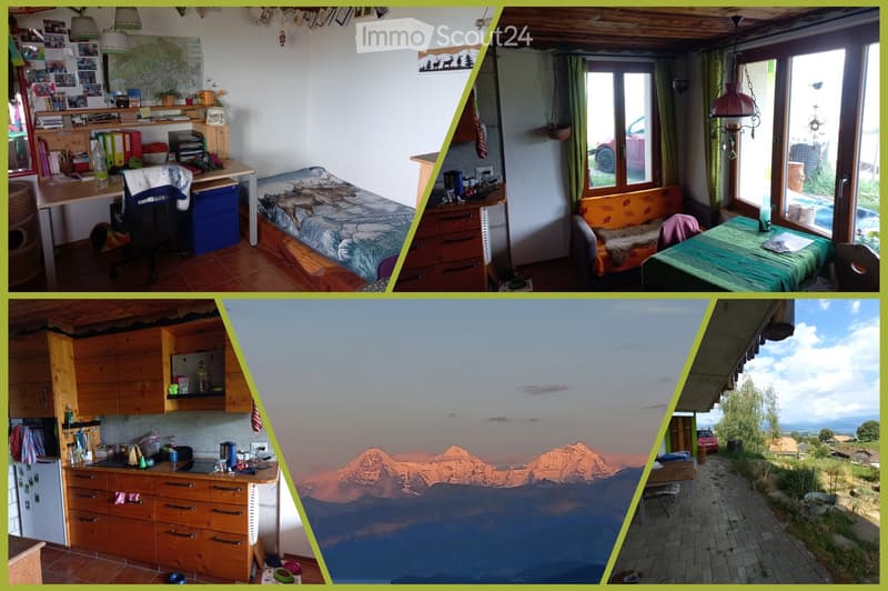 Four images show a furnished room with a bed, desk, sofa, table, and kitchen area with cabinets, refrigerator, and stove. The room features wooden furniture and a scenic mountain view in the background.