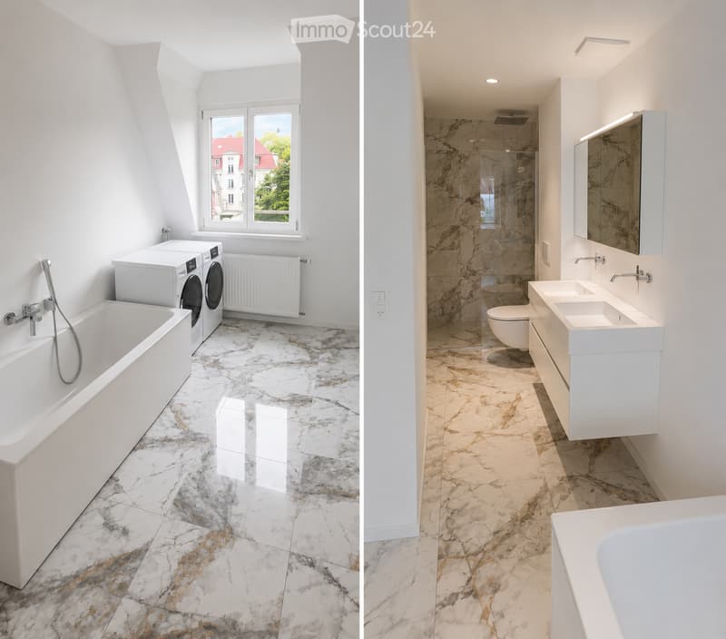 Two bathrooms with marble flooring, one featuring a bathtub and washing machine, the other with a sink, toilet, and mirror.