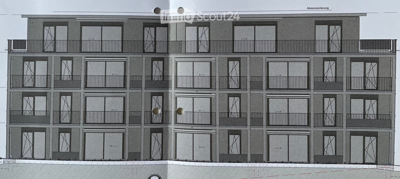 Architectural rendering of a multi-story residential building with numerous windows and balconies, featuring a modern design with grey tones and structured layout.