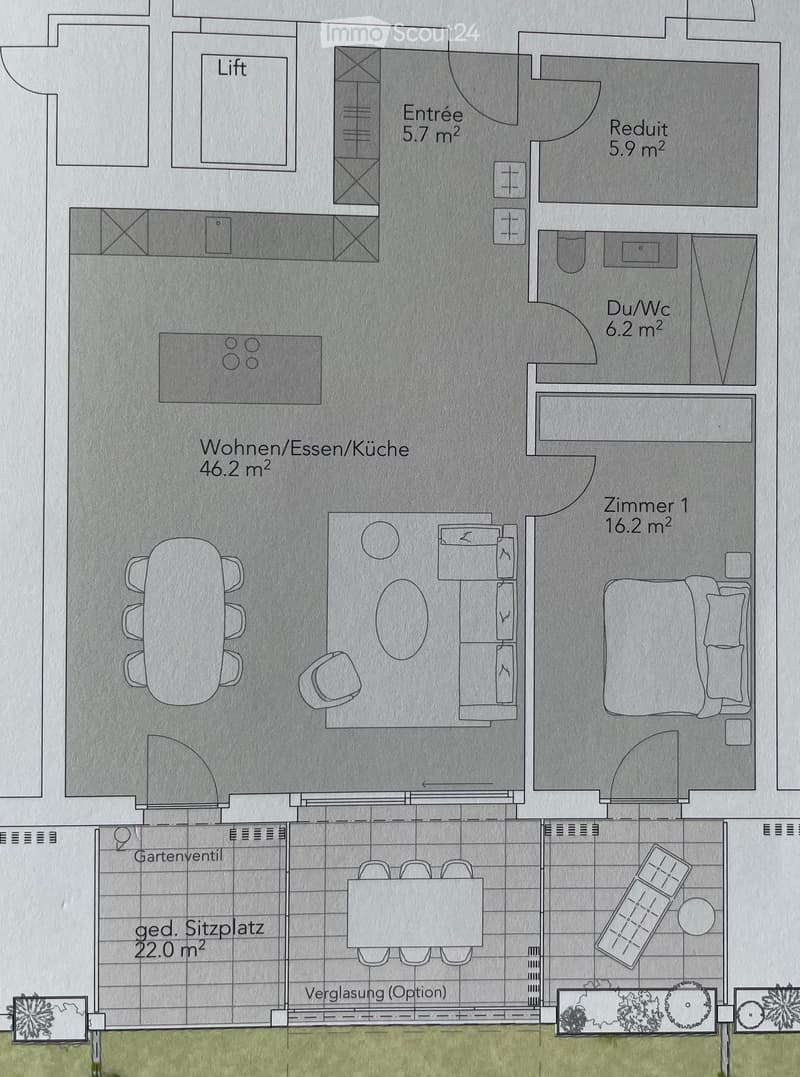 Floor plan of a residential space featuring a living/dining/kitchen area, bedroom, bathroom, entrance, hallway, and outdoor seating area with optional glazing.