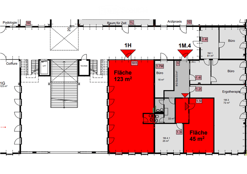 Floor plan showing multiple rooms including a large open space labeled "Fläche 123 m²" and another labeled "Fläche 45 m²", with various designated areas such as offices, a lift, and technical rooms.