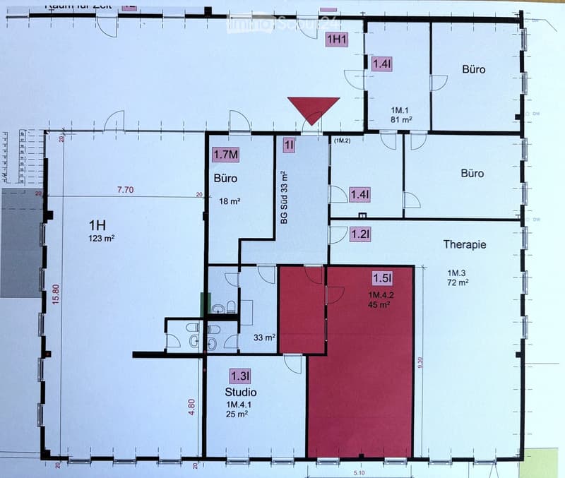 Floor plan showing multiple rooms including offices, therapy space, studio, and living area with labeled dimensions and room numbers.