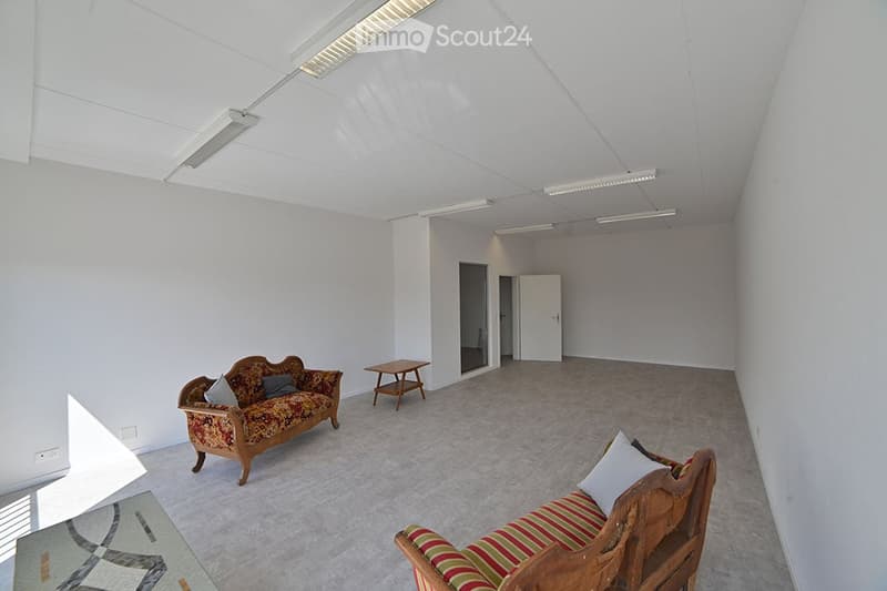 Bright, minimalist living room with white walls, grey carpet, and large windows. Features a patterned sofa, a small wooden table, and a striped chair.