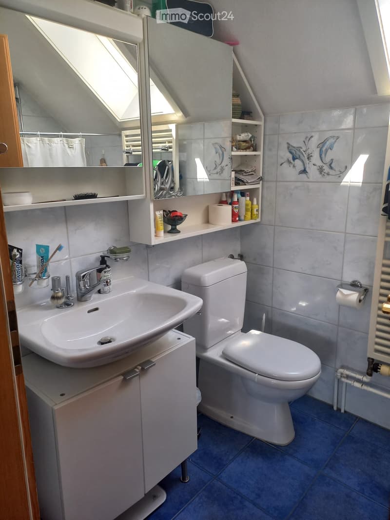 Modern bathroom with a white sink, toilet, mirror, and shelves holding toiletries. Blue tiles on the floor and walls, with a small window providing natural light.