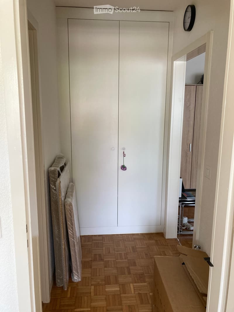 A narrow hallway with wooden herringbone flooring, white walls, and a large white closet with double doors. A small open doorway leads to another room with a desk and chair visible.
