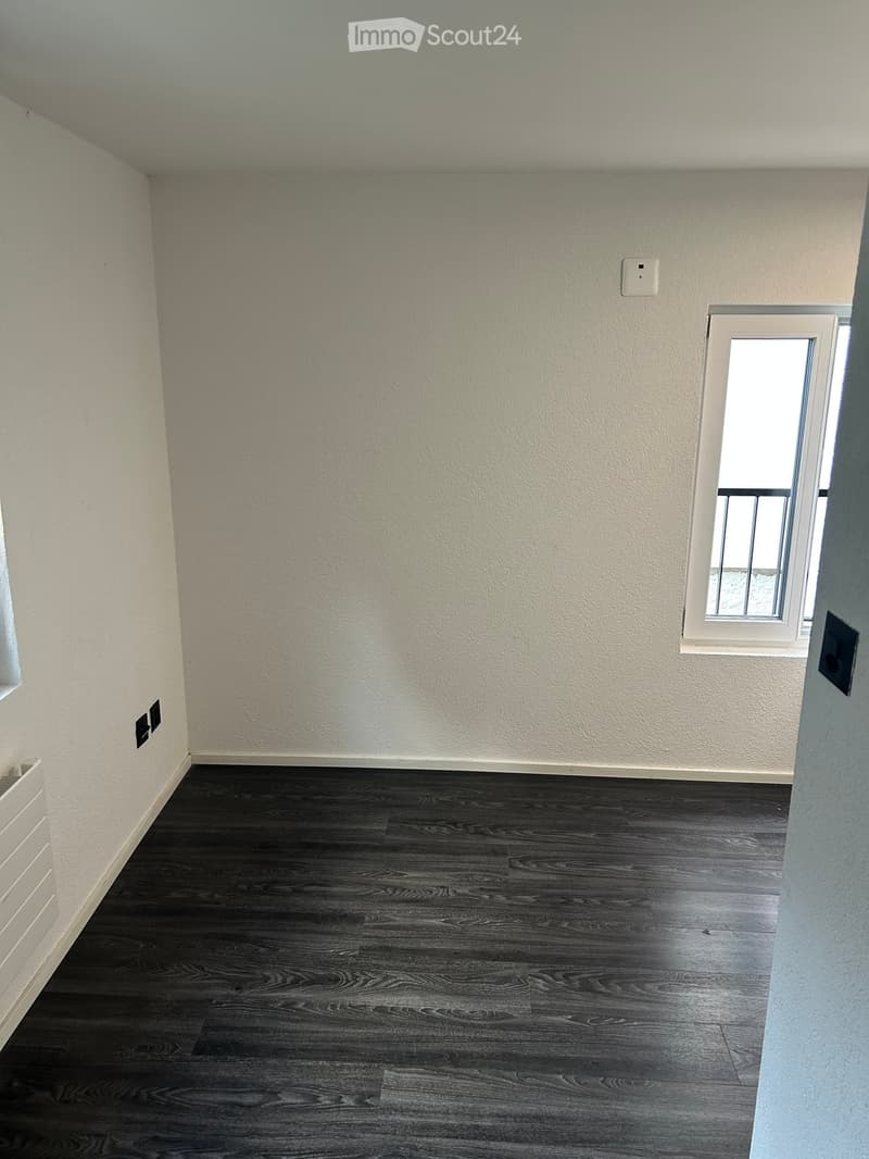 Empty room with dark wooden flooring and white walls, featuring a window with a white frame and a small black electrical outlet on the wall.