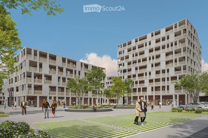 Modern multi-story residential building with balconies, surrounded by greenery and a paved courtyard with people walking.