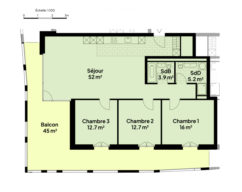 Floor plan of an apartment with a living area, three bedrooms, two bathrooms, and a balcony.