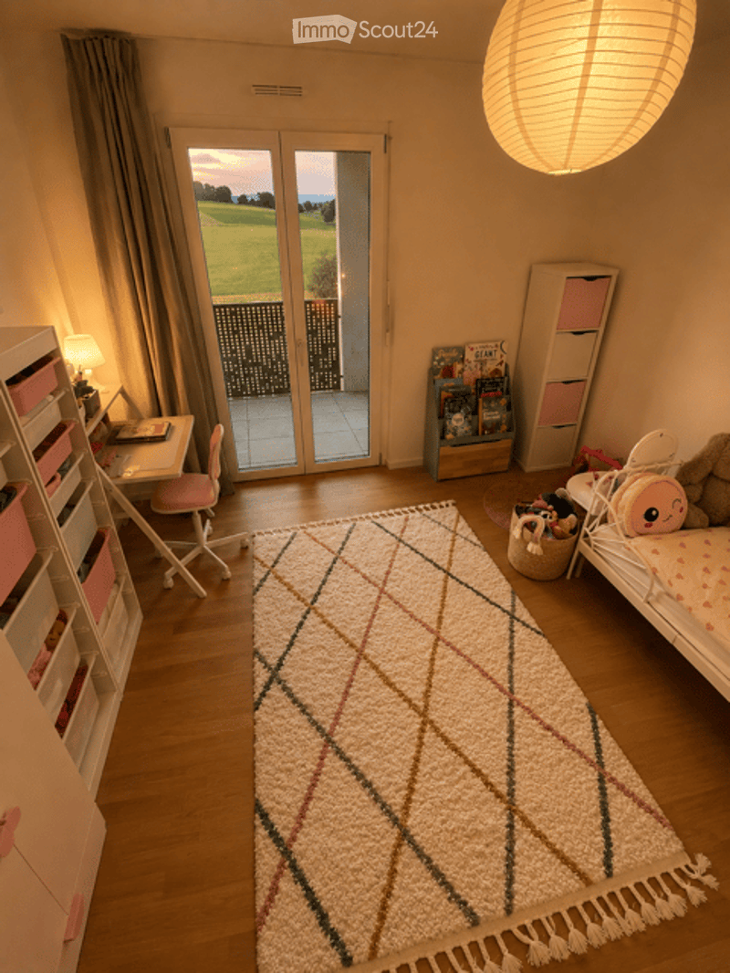 Cozy, well-lit room with a large sliding glass door leading to a balcony, a patterned rug, a desk with a chair, a bed with pillows, and storage units.