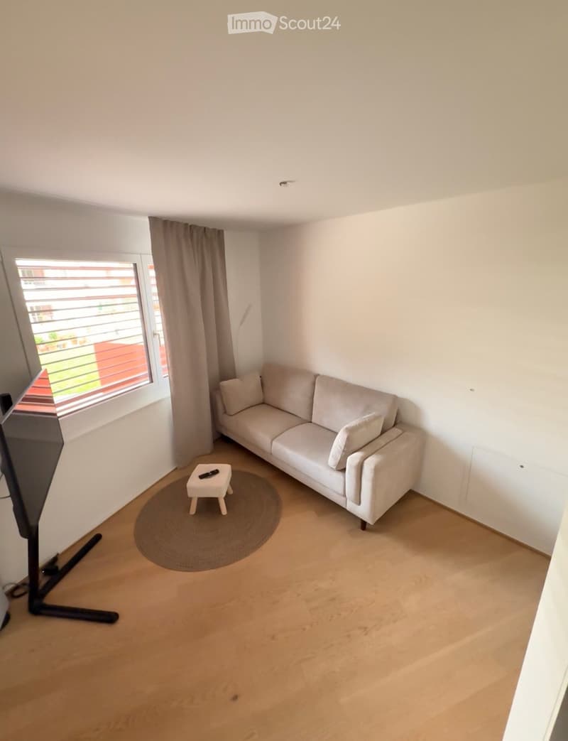 Modern living room with light-colored wooden flooring, a white sofa with cushions, a small round stool, and a flat-screen TV on a stand. A large window with blinds and curtains allows natural light to enter.