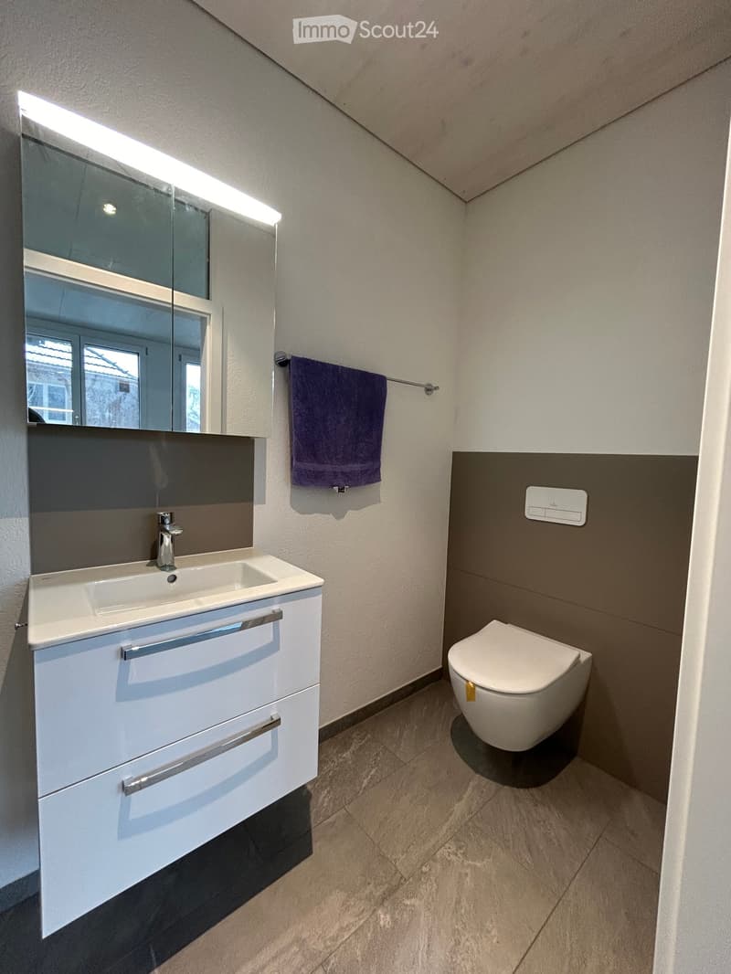 Modern bathroom with a white sink cabinet, chrome faucet, large mirror, toilet, and a purple towel hanging on a rack.