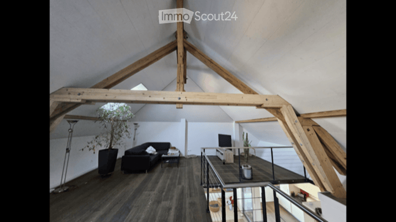 Loft-style living room with exposed wooden beams, dark hardwood flooring, a black sofa, coffee table, floor lamp, television, and potted plants.