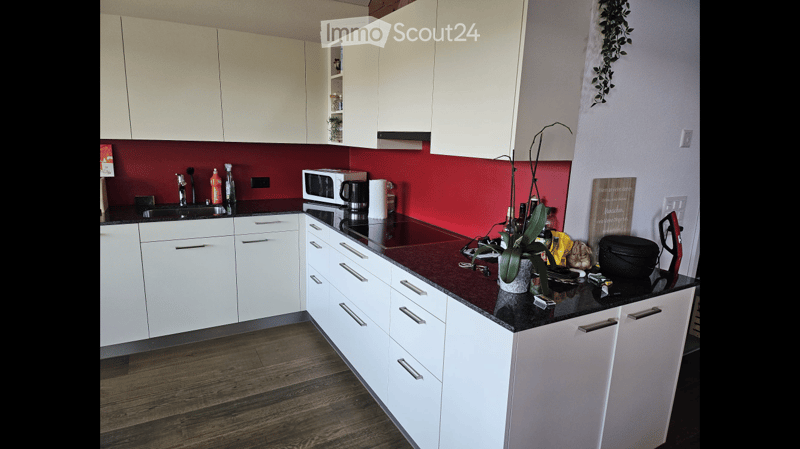 Modern kitchen with white cabinets, black countertop, and red backsplash. Features a sink, microwave, coffee maker, and various small appliances on the counter.