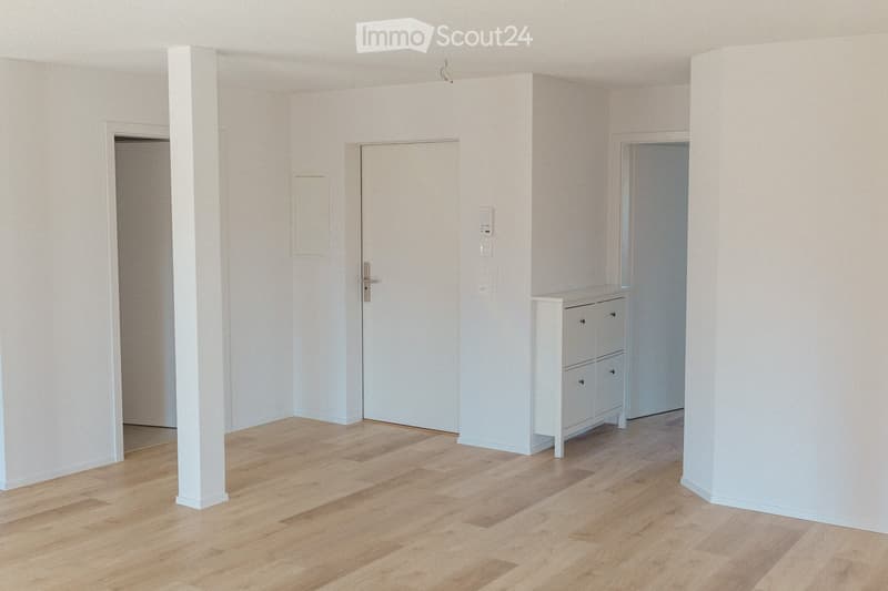 A small, unfurnished room with light wooden flooring, white walls, and a single cabinet. The room features a central column and three doors leading to other spaces.