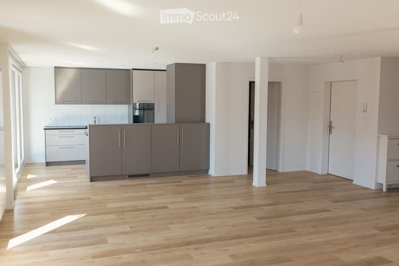 Empty room with light wooden flooring, grey kitchen cabinets, and white walls. No furniture or appliances are present.
