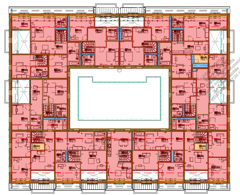 Floor plan of a large building with multiple rooms, including offices, meeting rooms, and open spaces.