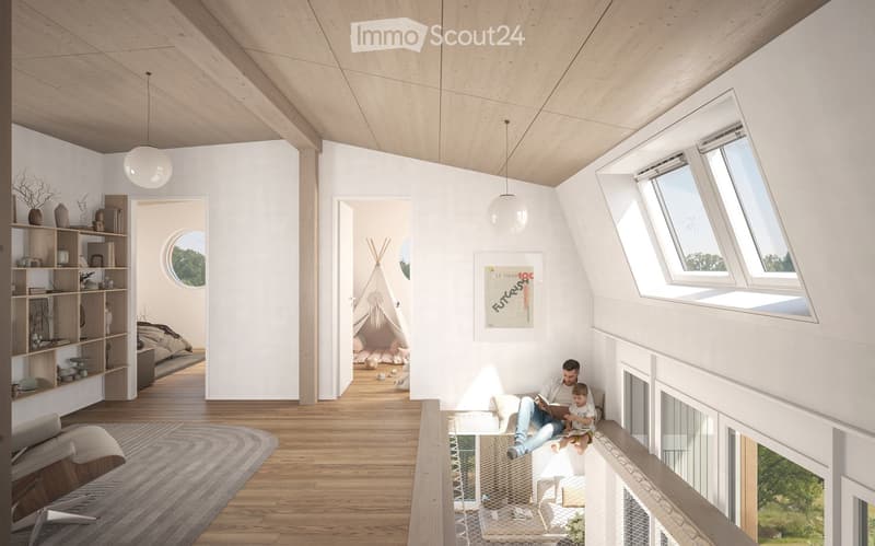 Bright, modern living space with wooden floors, white walls, and large skylights. Features a cozy seating area with a sofa and chair, a wooden shelf with decorative items, and a small tepee play area for children.