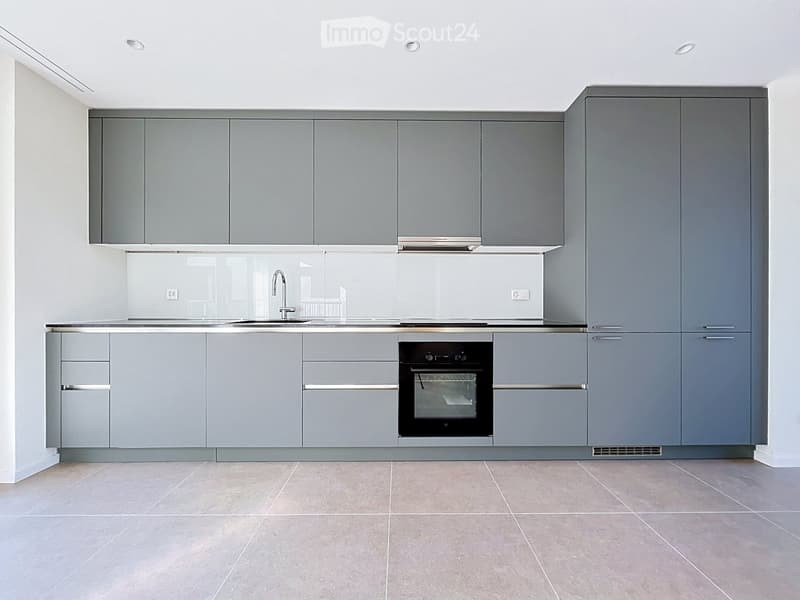 Modern kitchen with grey cabinets, stainless steel sink, and built-in oven.